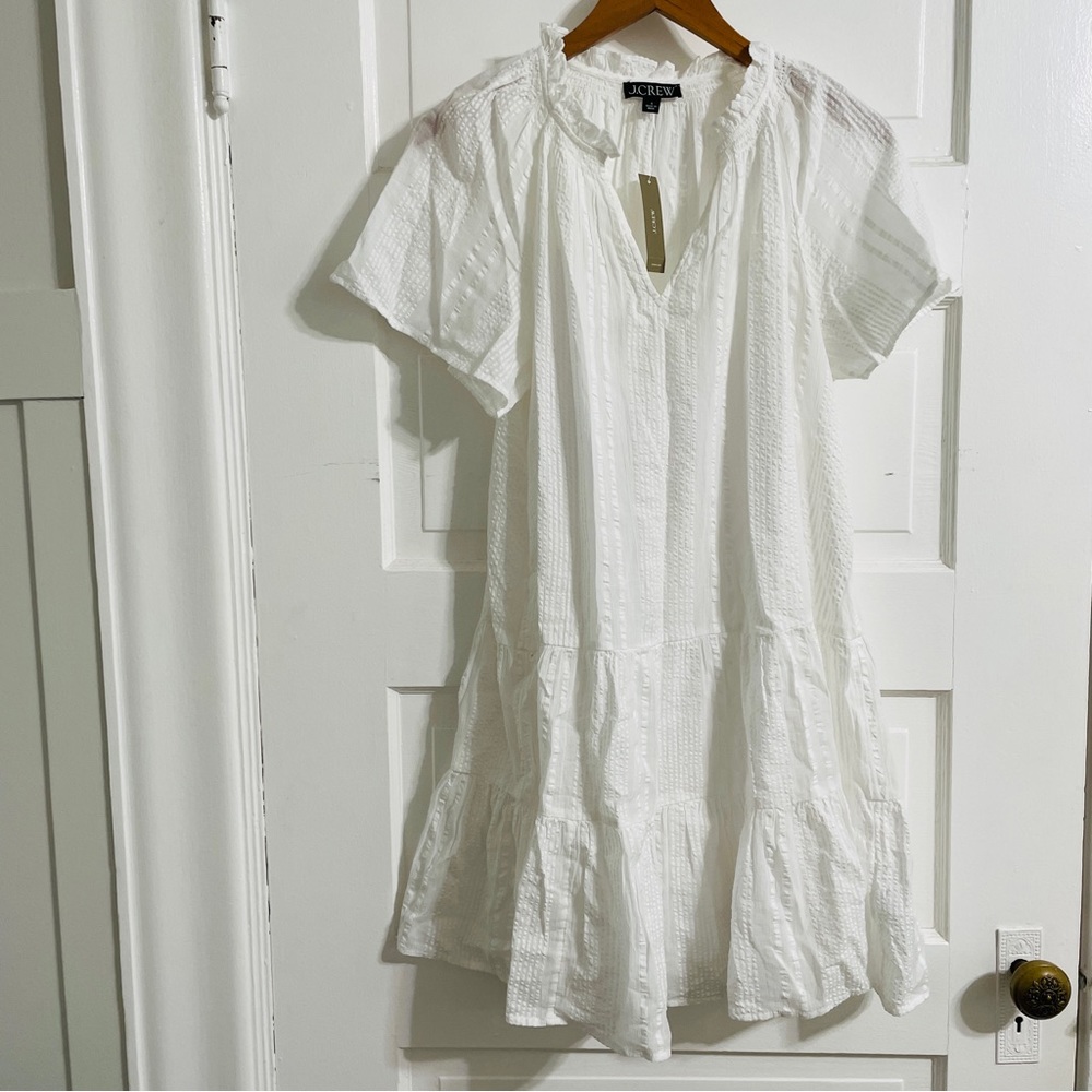 NWT J. Crew White Ruffle Trim Tiered Dress in Cotton Dobby - Picture 4 of 7